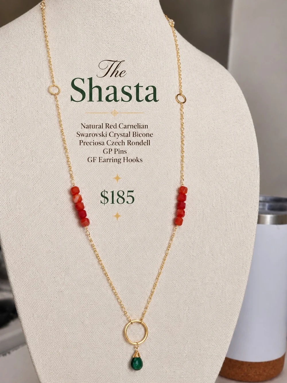 Gold Necklace with Red Carnelian and Green Drop
